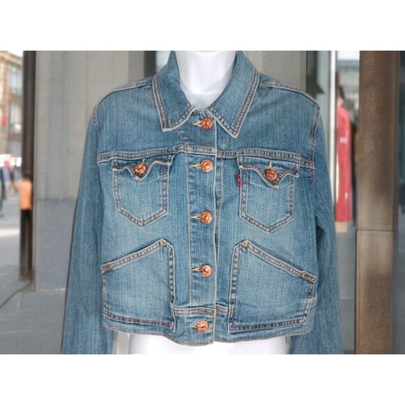Levis Womens XL Cropped Blue Denim Trucker Jacket Copper Buttons Western Boxy - Picture 11 of 11